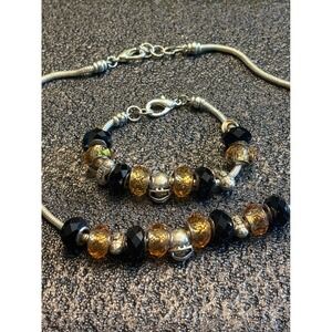 Pittsburgh Steelers Football Charm Bracelet Necklace Set Black Gold Beads helmet